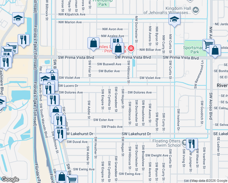 map of restaurants, bars, coffee shops, grocery stores, and more near 613 Southwest Cynthia Street in Port St. Lucie
