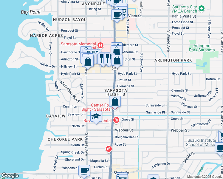 map of restaurants, bars, coffee shops, grocery stores, and more near 2222 South Tamiami Trail in Sarasota