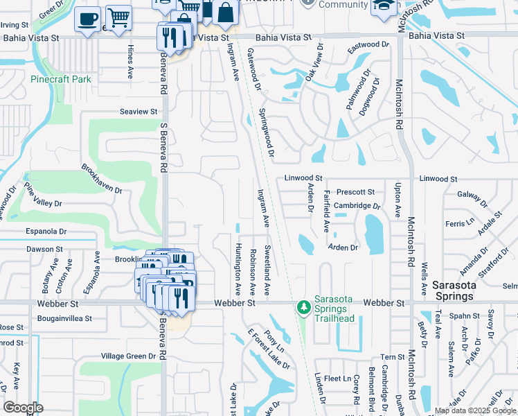 map of restaurants, bars, coffee shops, grocery stores, and more near 2205 Robinson Avenue in Sarasota
