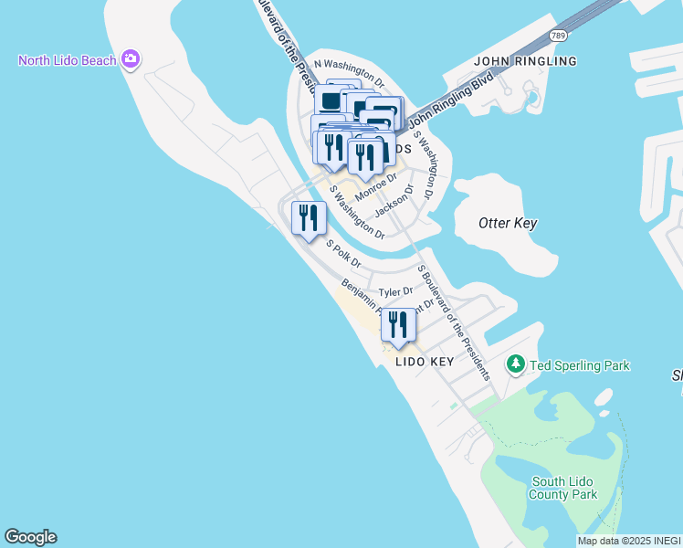 map of restaurants, bars, coffee shops, grocery stores, and more near 313 Benjamin Franklin Drive in Sarasota