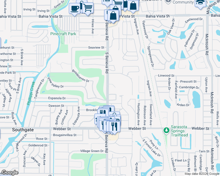 map of restaurants, bars, coffee shops, grocery stores, and more near 2123 South Beneva Road in Sarasota