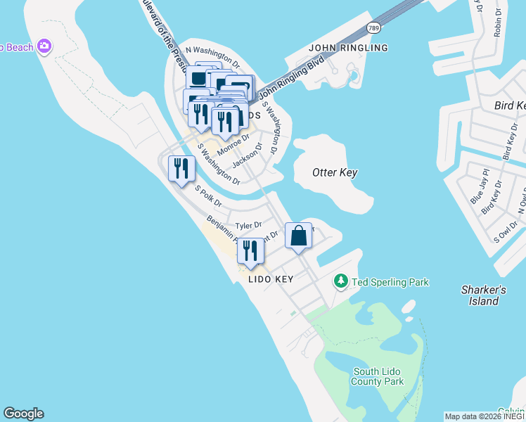map of restaurants, bars, coffee shops, grocery stores, and more near 520 South Polk Drive in Sarasota