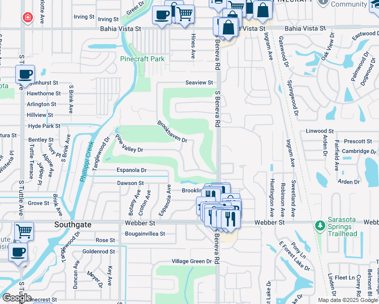 map of restaurants, bars, coffee shops, grocery stores, and more near 2232 Brookhaven Drive in Sarasota