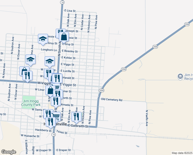 map of restaurants, bars, coffee shops, grocery stores, and more near 600-614 East Harald Street in Hebbronville