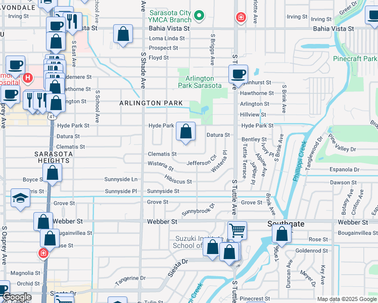 map of restaurants, bars, coffee shops, grocery stores, and more near 2575 Clematis Street in Sarasota