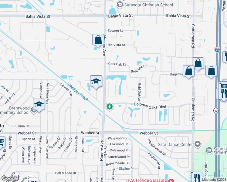 map of restaurants, bars, coffee shops, grocery stores, and more near 2228 Tall Oak Court in Sarasota
