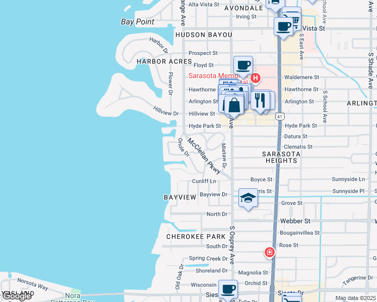 map of restaurants, bars, coffee shops, grocery stores, and more near 2155 Oriole Drive in Sarasota