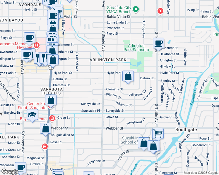 map of restaurants, bars, coffee shops, grocery stores, and more near 2425 Clematis Street in Sarasota