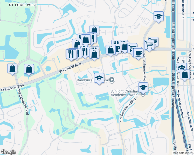 map of restaurants, bars, coffee shops, grocery stores, and more near 271 Southwest Palm Drive in Port St. Lucie