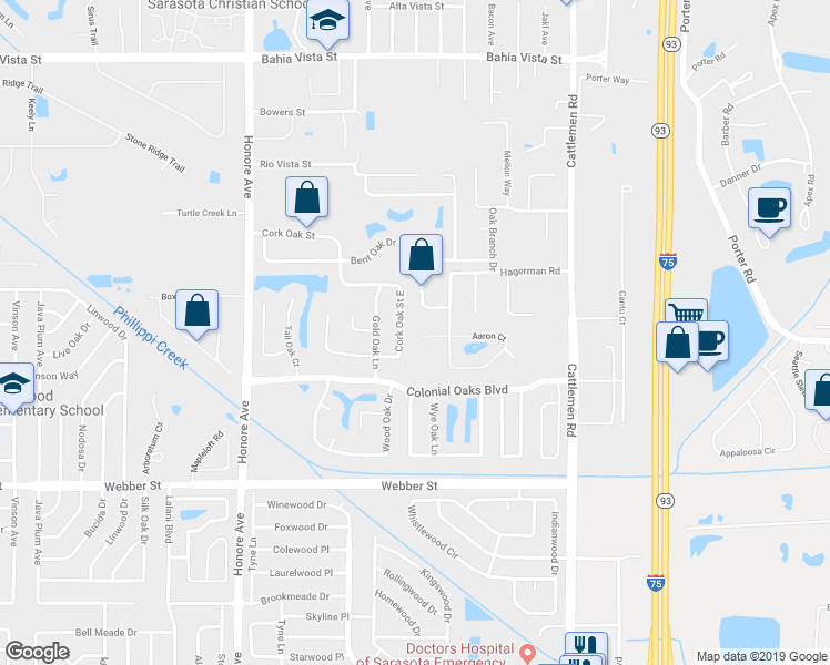 map of restaurants, bars, coffee shops, grocery stores, and more near 5600 Aaron Court in Sarasota