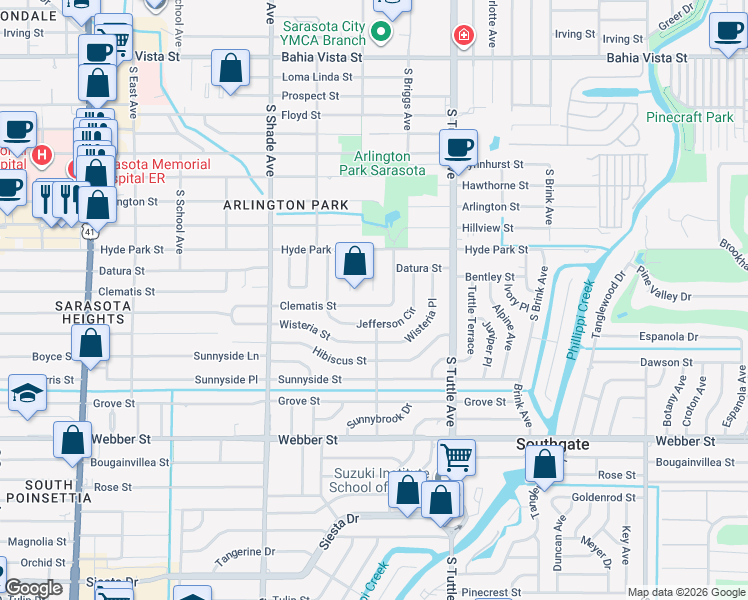 map of restaurants, bars, coffee shops, grocery stores, and more near 2575 Clematis Street in Sarasota