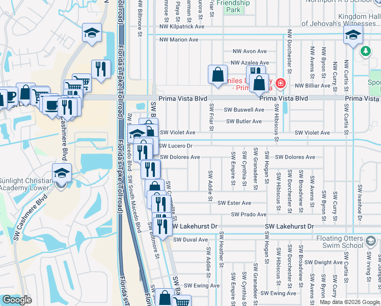 map of restaurants, bars, coffee shops, grocery stores, and more near 549 Southwest Fredrica Street in Port St. Lucie