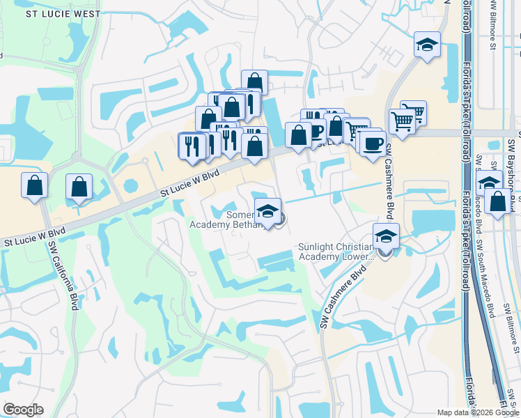map of restaurants, bars, coffee shops, grocery stores, and more near 271 Southwest Palm Drive in Port St. Lucie