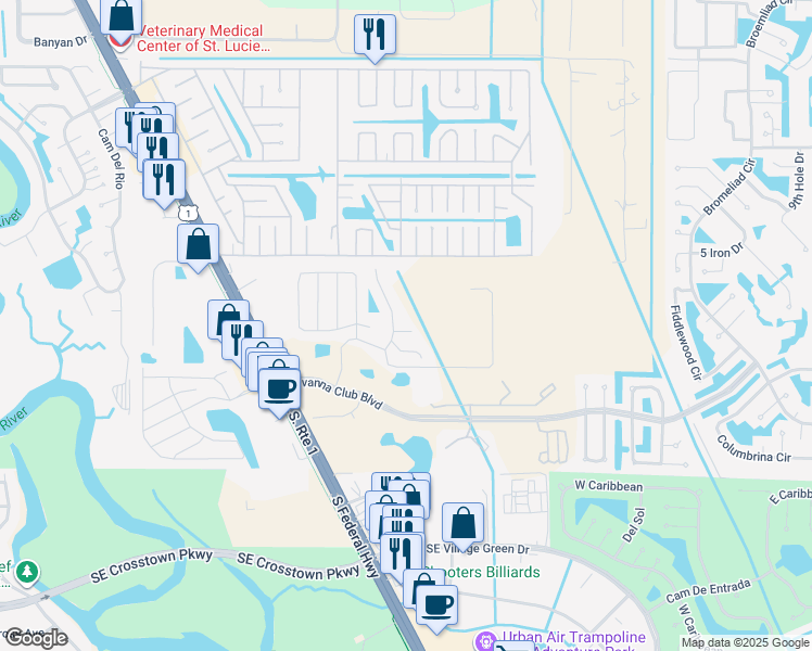 map of restaurants, bars, coffee shops, grocery stores, and more near 1708 Primrose Court in Port St. Lucie