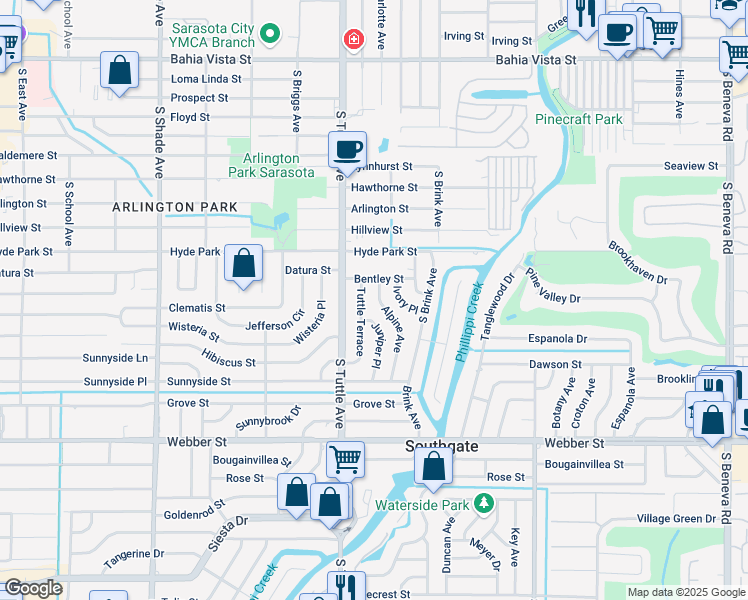 map of restaurants, bars, coffee shops, grocery stores, and more near 2215 Alpine Avenue in Sarasota