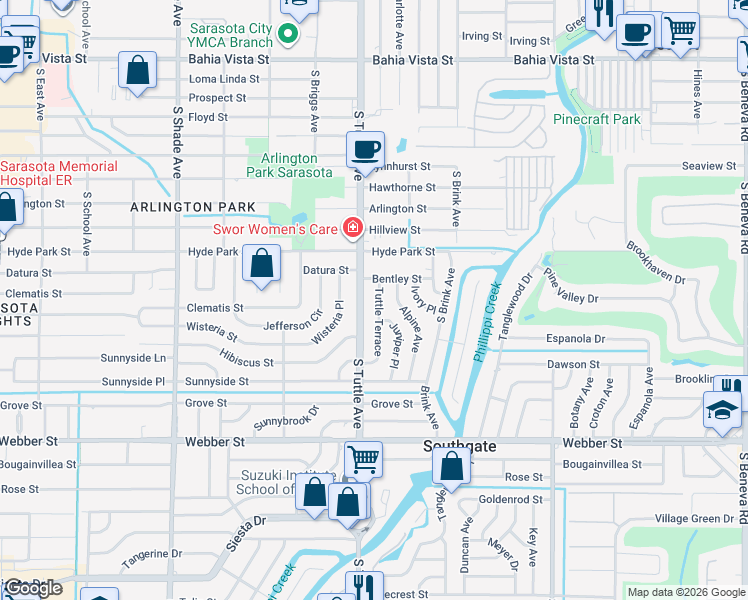 map of restaurants, bars, coffee shops, grocery stores, and more near 2200 Tuttle Terrace in Sarasota