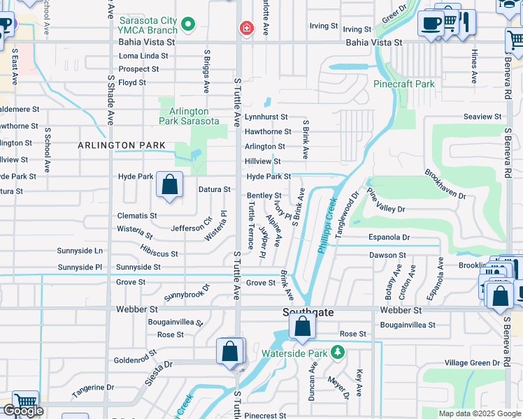 map of restaurants, bars, coffee shops, grocery stores, and more near 2215 Alpine Avenue in Sarasota