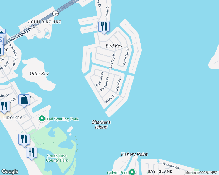 map of restaurants, bars, coffee shops, grocery stores, and more near 628 Owl Way in Sarasota