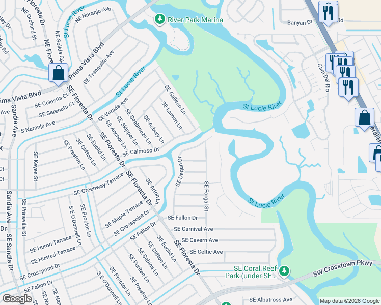map of restaurants, bars, coffee shops, grocery stores, and more near 765 Southeast Norcross Avenue in Port St. Lucie