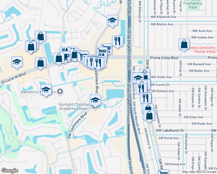 map of restaurants, bars, coffee shops, grocery stores, and more near 386 Southwest North Shore Boulevard in Port St. Lucie