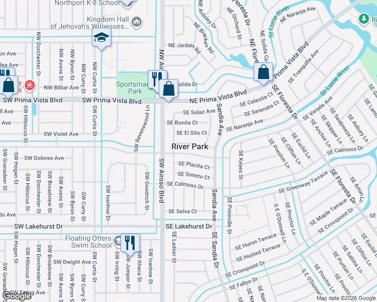 map of restaurants, bars, coffee shops, grocery stores, and more near 159 Southeast Lucero Drive in Port St. Lucie