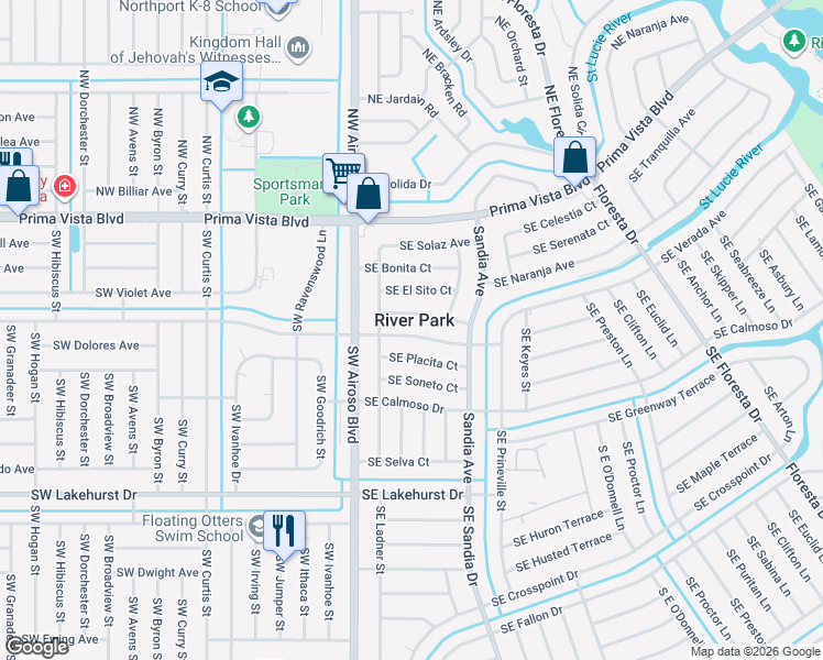 map of restaurants, bars, coffee shops, grocery stores, and more near in River Park