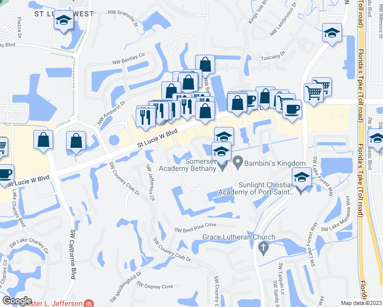 map of restaurants, bars, coffee shops, grocery stores, and more near 201 Southwest Palm Drive in Port St. Lucie