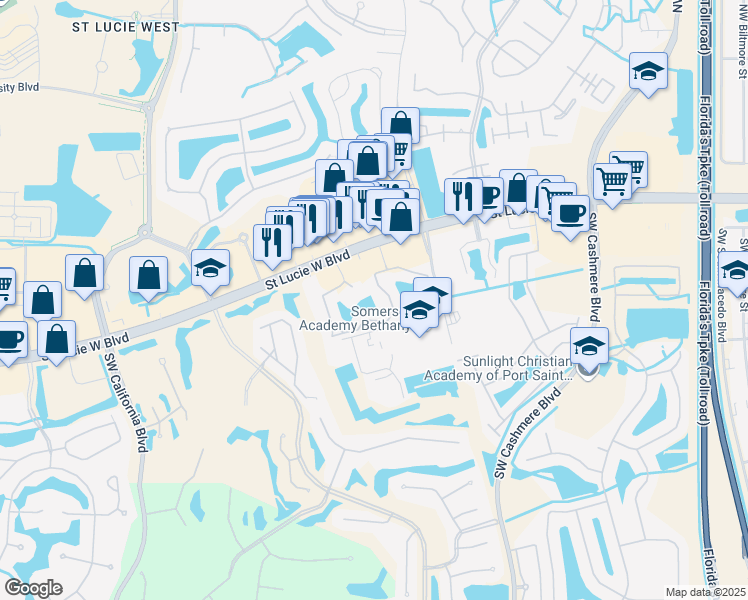 map of restaurants, bars, coffee shops, grocery stores, and more near 201 Southwest Palm Drive in Port St. Lucie