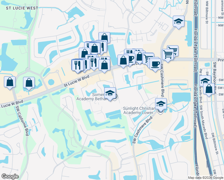 map of restaurants, bars, coffee shops, grocery stores, and more near 271 Southwest Palm Drive in Port St. Lucie