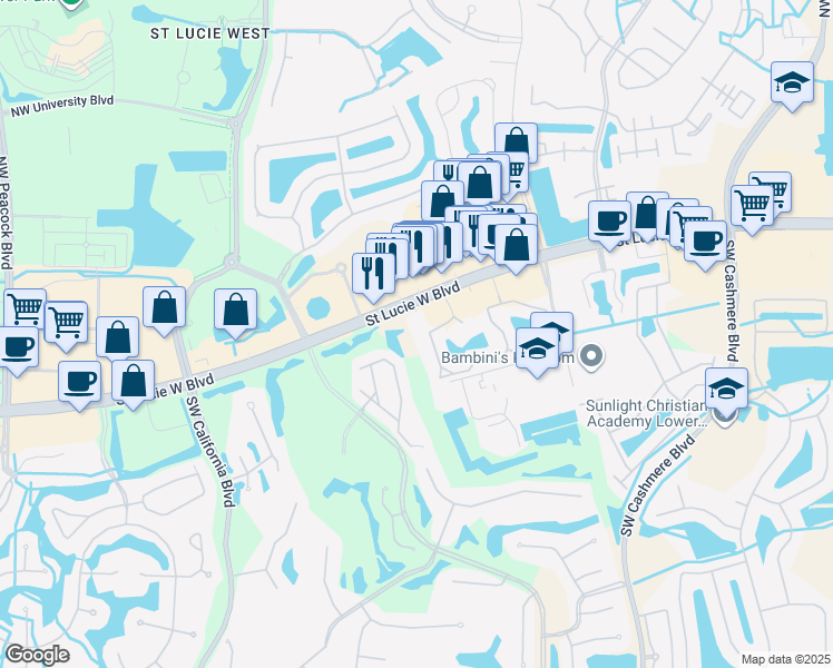 map of restaurants, bars, coffee shops, grocery stores, and more near 161 Southwest Palm Drive in Port St. Lucie