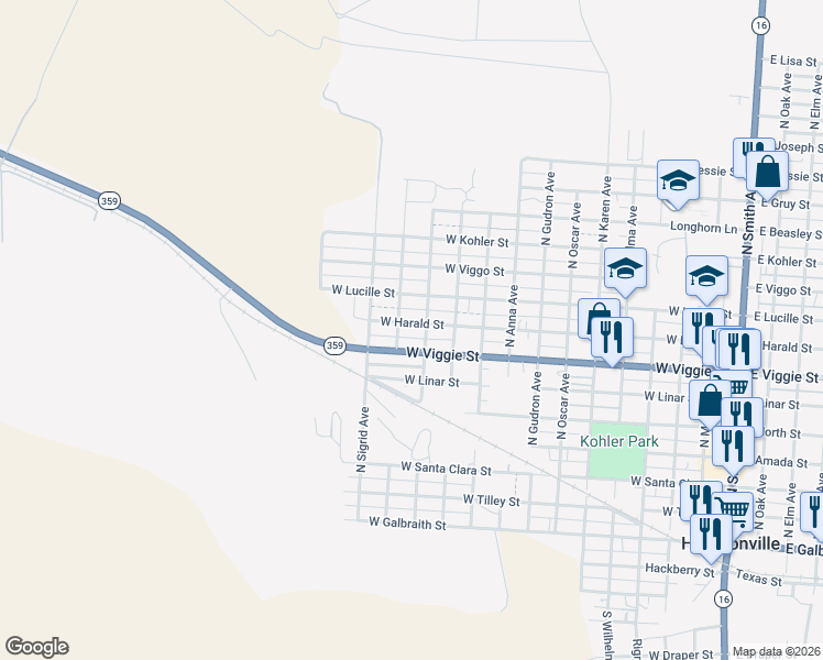 map of restaurants, bars, coffee shops, grocery stores, and more near 1100-1116 West Viggie Street in Hebbronville
