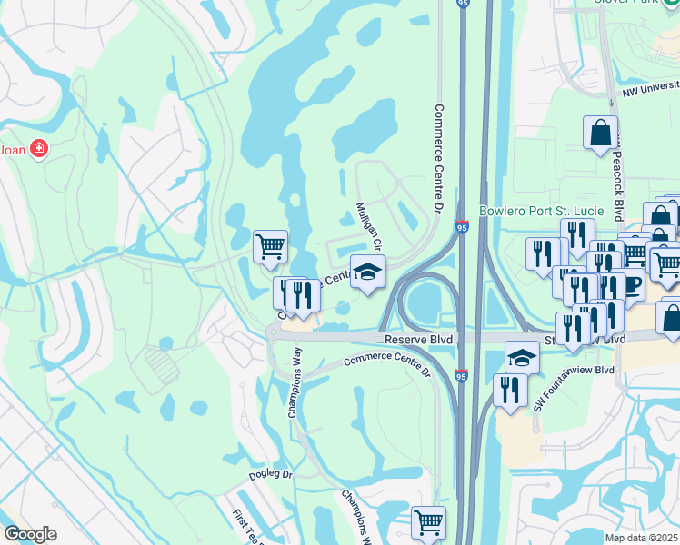 map of restaurants, bars, coffee shops, grocery stores, and more near Commerce Centre Drive in Port St. Lucie