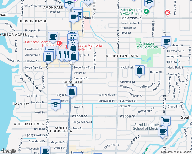 map of restaurants, bars, coffee shops, grocery stores, and more near 2207 Wisteria Street in Sarasota