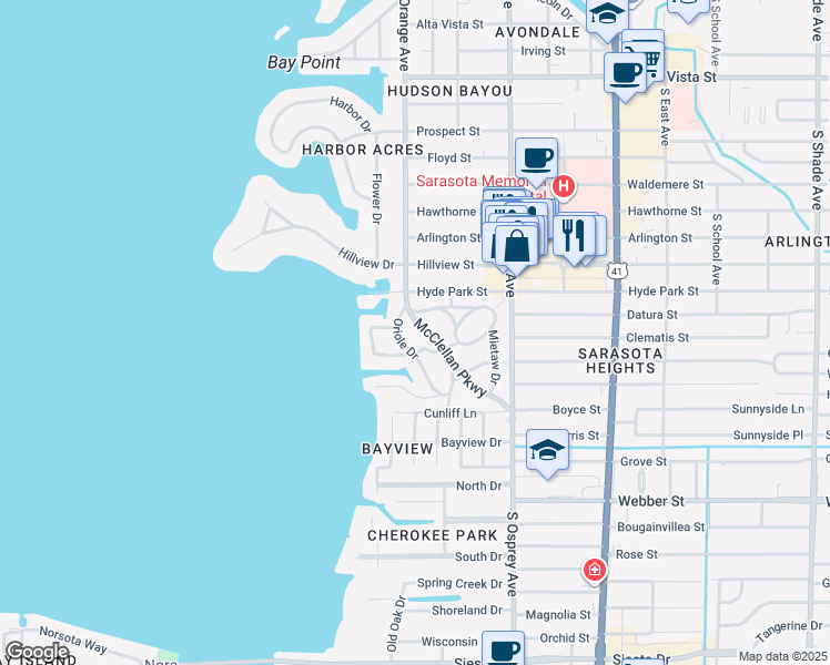 map of restaurants, bars, coffee shops, grocery stores, and more near 2155 Oriole Drive in Sarasota