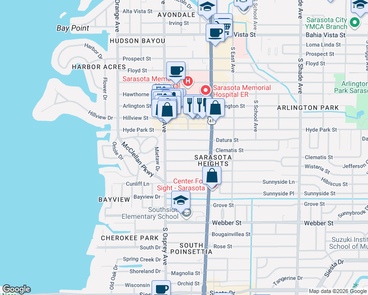map of restaurants, bars, coffee shops, grocery stores, and more near 1914 Clematis Street in Sarasota