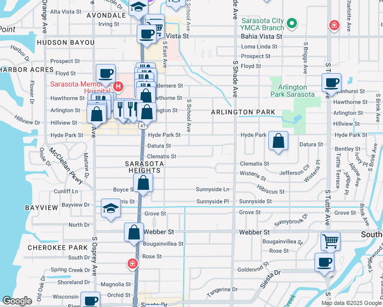 map of restaurants, bars, coffee shops, grocery stores, and more near 2207 Wisteria Street in Sarasota