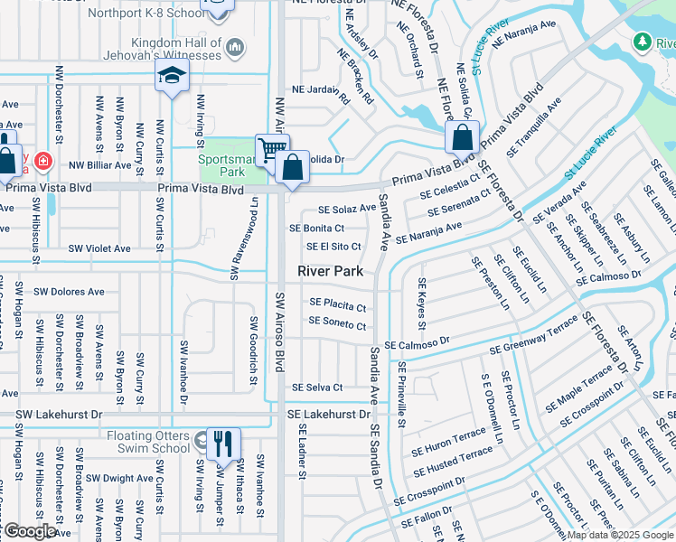 map of restaurants, bars, coffee shops, grocery stores, and more near in River Park
