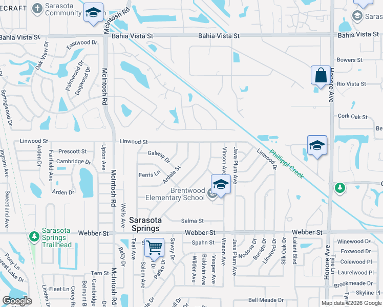 map of restaurants, bars, coffee shops, grocery stores, and more near 4652 Ardale Street in Sarasota