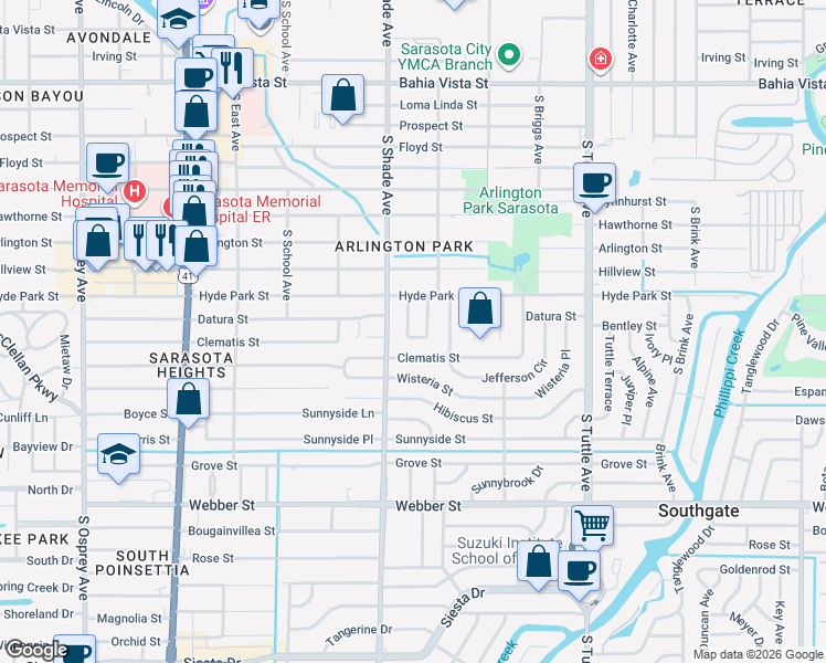 map of restaurants, bars, coffee shops, grocery stores, and more near 2021 Hyde Park Circle in Sarasota