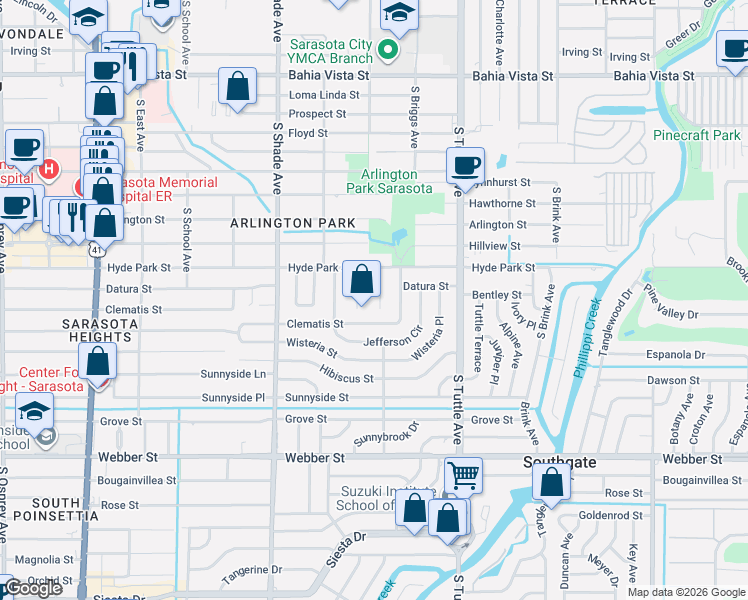 map of restaurants, bars, coffee shops, grocery stores, and more near 2010 Craft Lane in Sarasota