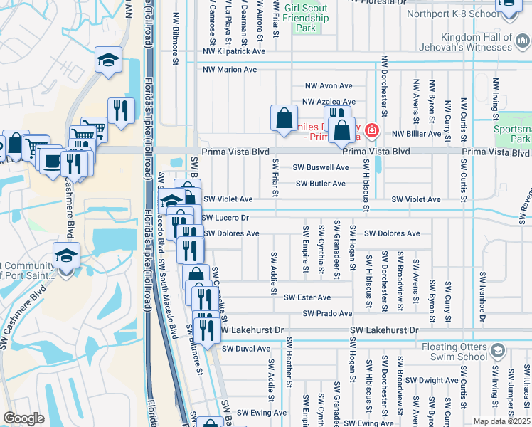map of restaurants, bars, coffee shops, grocery stores, and more near 602 Southwest Violet Avenue in Port St. Lucie