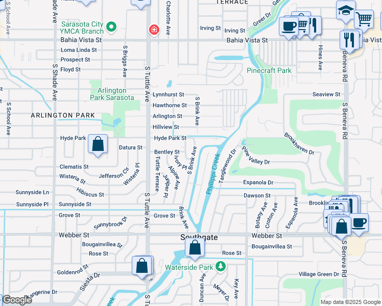 map of restaurants, bars, coffee shops, grocery stores, and more near 2012 South Brink Avenue in Sarasota