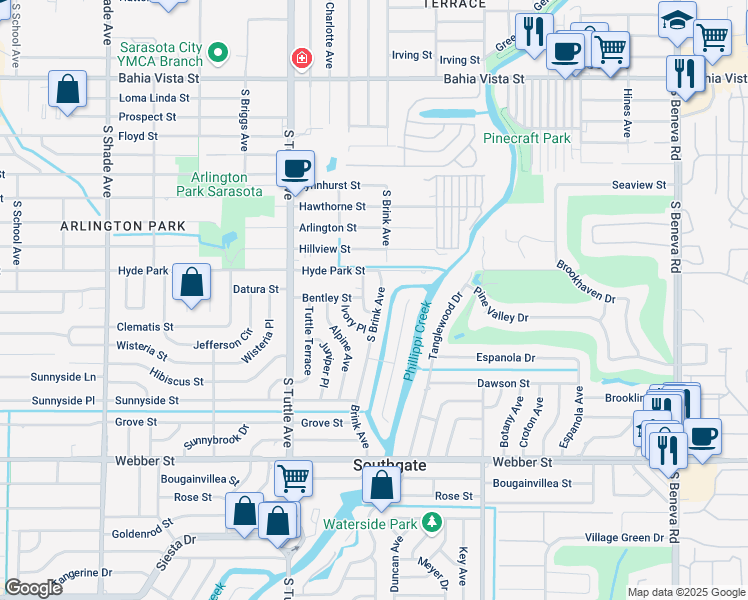 map of restaurants, bars, coffee shops, grocery stores, and more near 2012 South Brink Avenue in Sarasota