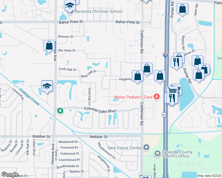 map of restaurants, bars, coffee shops, grocery stores, and more near 2051 Old Trenton Lane in Sarasota