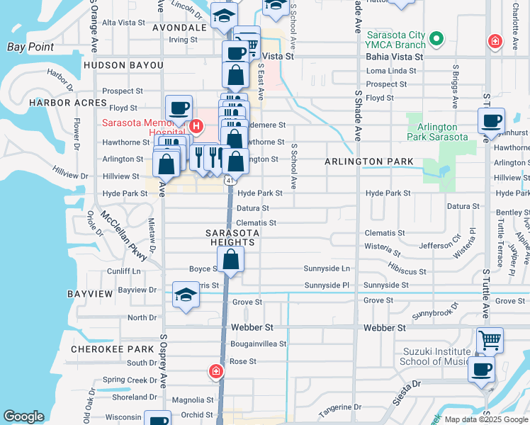 map of restaurants, bars, coffee shops, grocery stores, and more near 2104 Datura Street in Sarasota