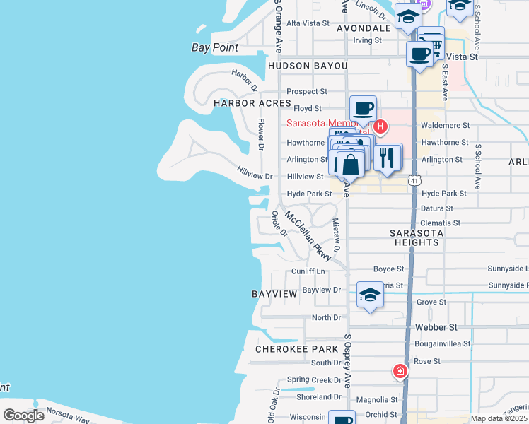 map of restaurants, bars, coffee shops, grocery stores, and more near 1505 Mallard Lane in Sarasota