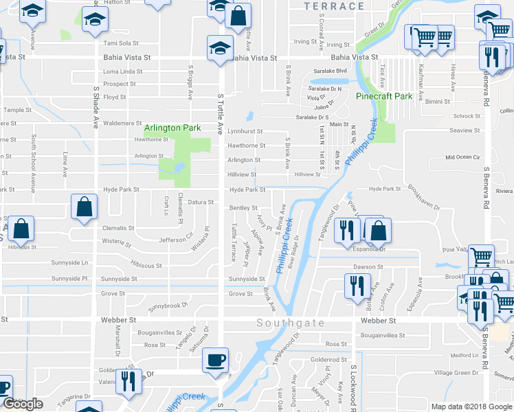 map of restaurants, bars, coffee shops, grocery stores, and more near 2921 Bentley Street in Sarasota