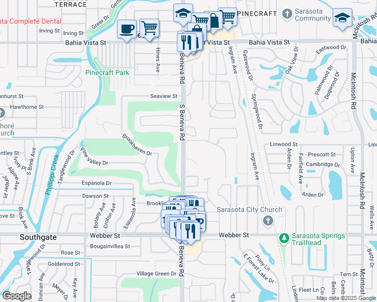 map of restaurants, bars, coffee shops, grocery stores, and more near 2019 South Beneva Road in Sarasota