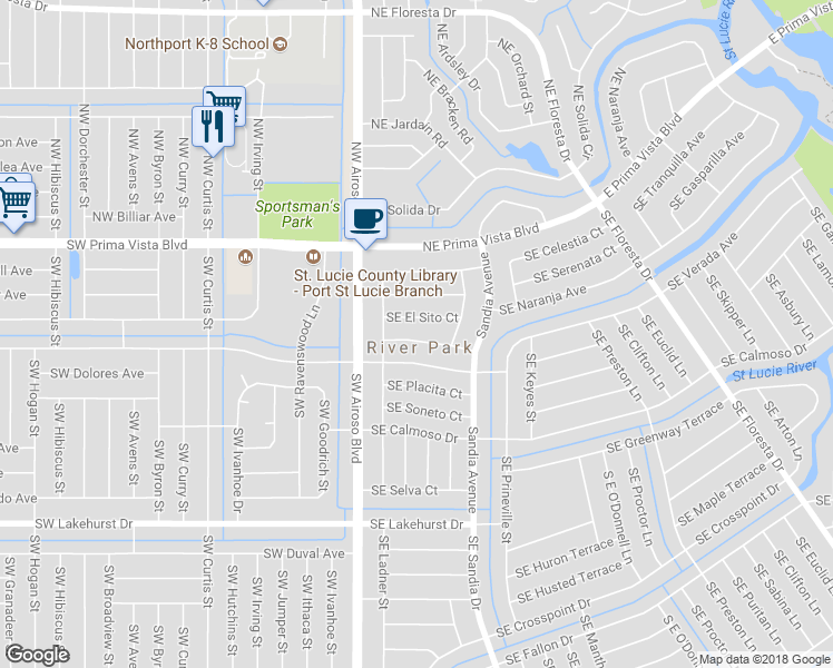 map of restaurants, bars, coffee shops, grocery stores, and more near 151 Southeast Castana Court in Port Saint Lucie