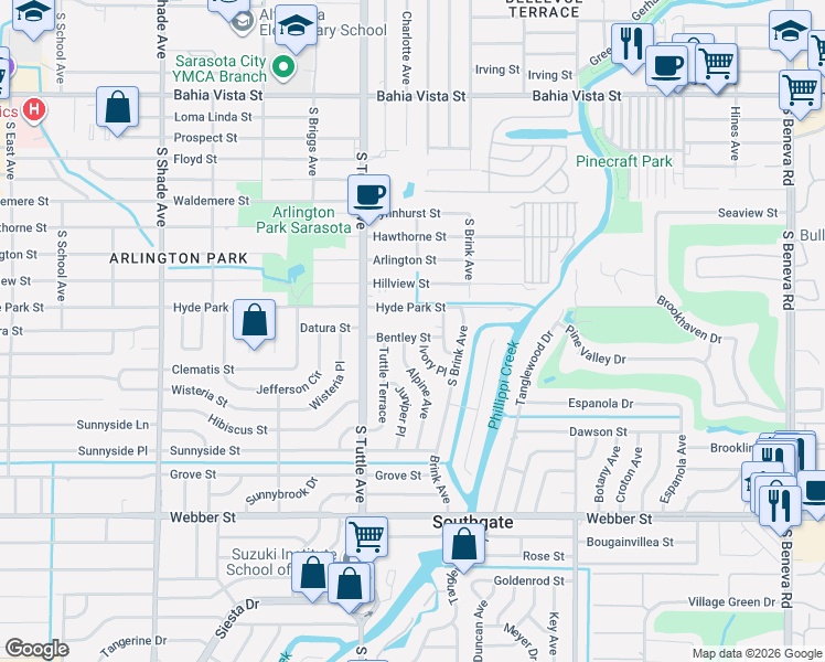 map of restaurants, bars, coffee shops, grocery stores, and more near 2908 B Hyde Park Street in Sarasota
